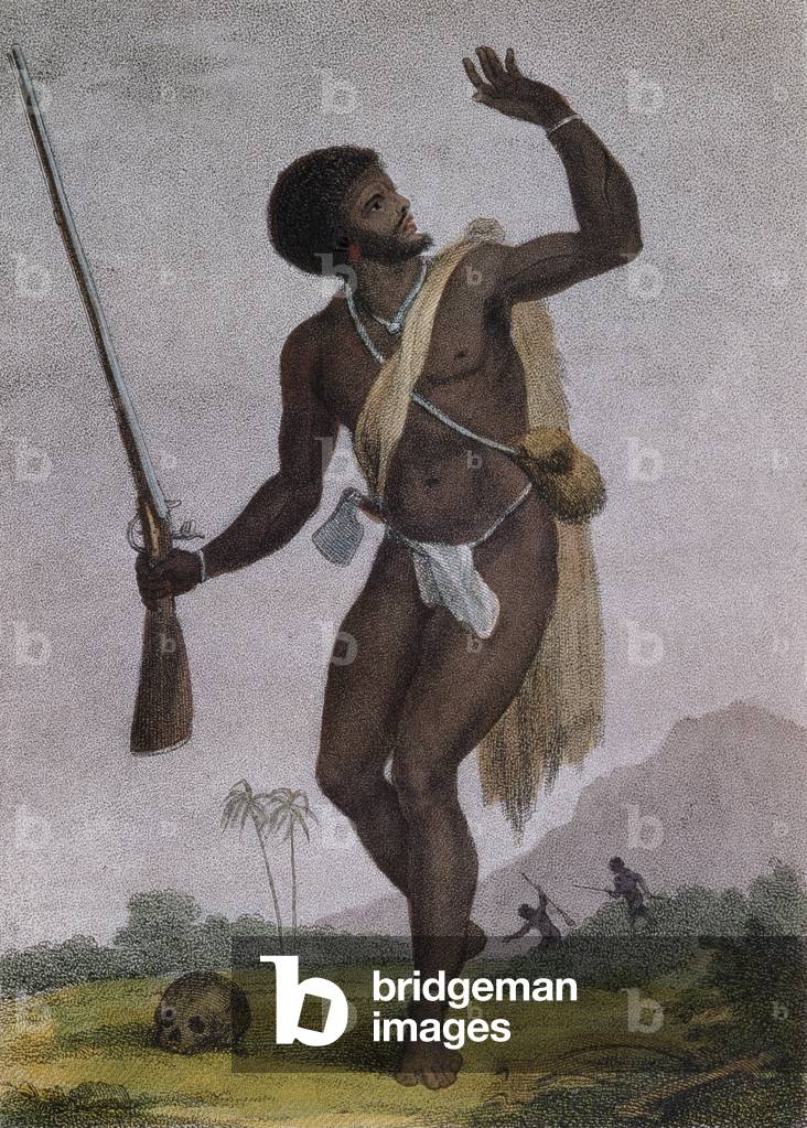 Rebellensklave bewaffnet und auf seiner Wache, von 'Narrative einer Fünf-Jahres-Expedition gegen die Revolted 