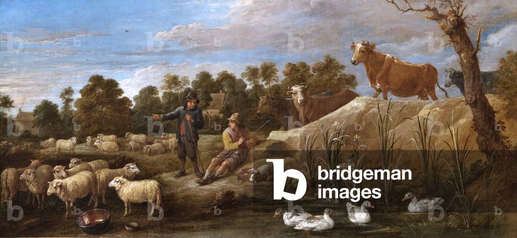 Immagine di Dipinto "paesaggio con due pastori bestiame e anatre olio su tela", 17th Secolo di David the Young