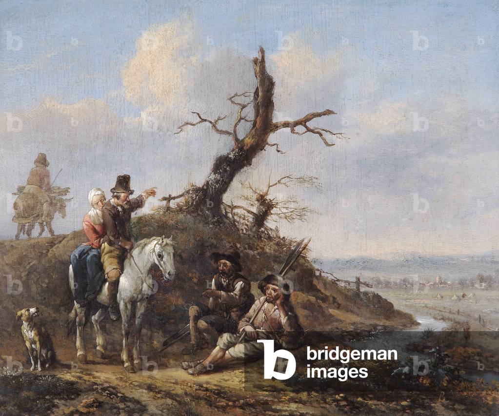 "landschaft mit reisenden ruhen und paar auf pferd (öl auf eiche panel)", 17. Jahrhundert von Johannes Lingelb