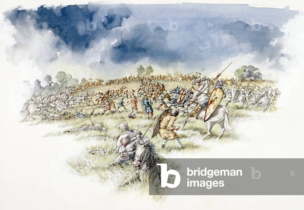 Image de Dessin représentant La contre-attaque des Normandes Fyrdmen anglais coupés sur une colline lors de la