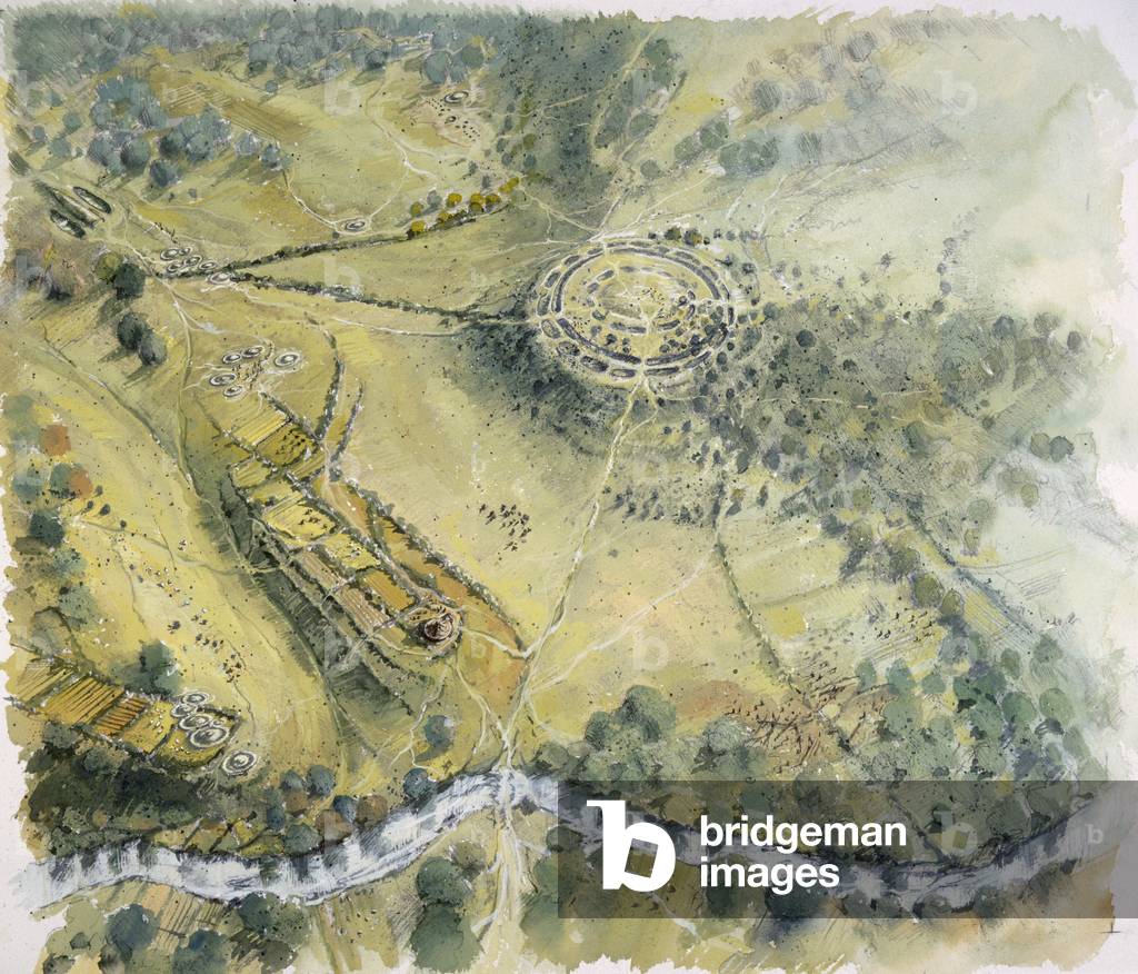Immagine di Disegno "Old Sarum - vista aerea durante l'età del bronzo", 2003 di Peter Dunn