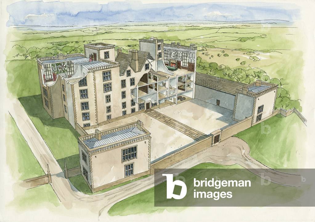 Bild von Zeichnung "Rekonstruktion der Hardwick Old Hall im Jahre 1620 (w/c auf Papier)", 20. Jahrhundert von 