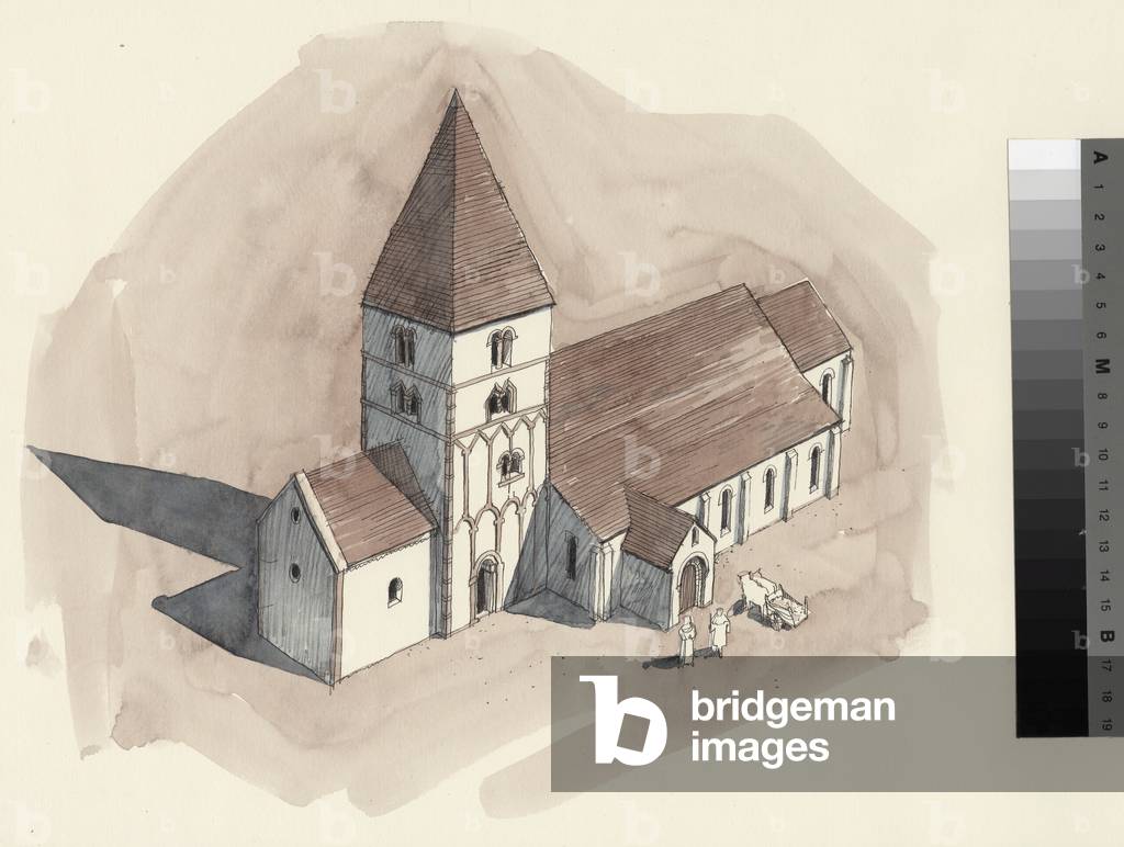 Disegno di ricostruzione della Chiesa di San Pietro durante il periodo normanno (senza carta)