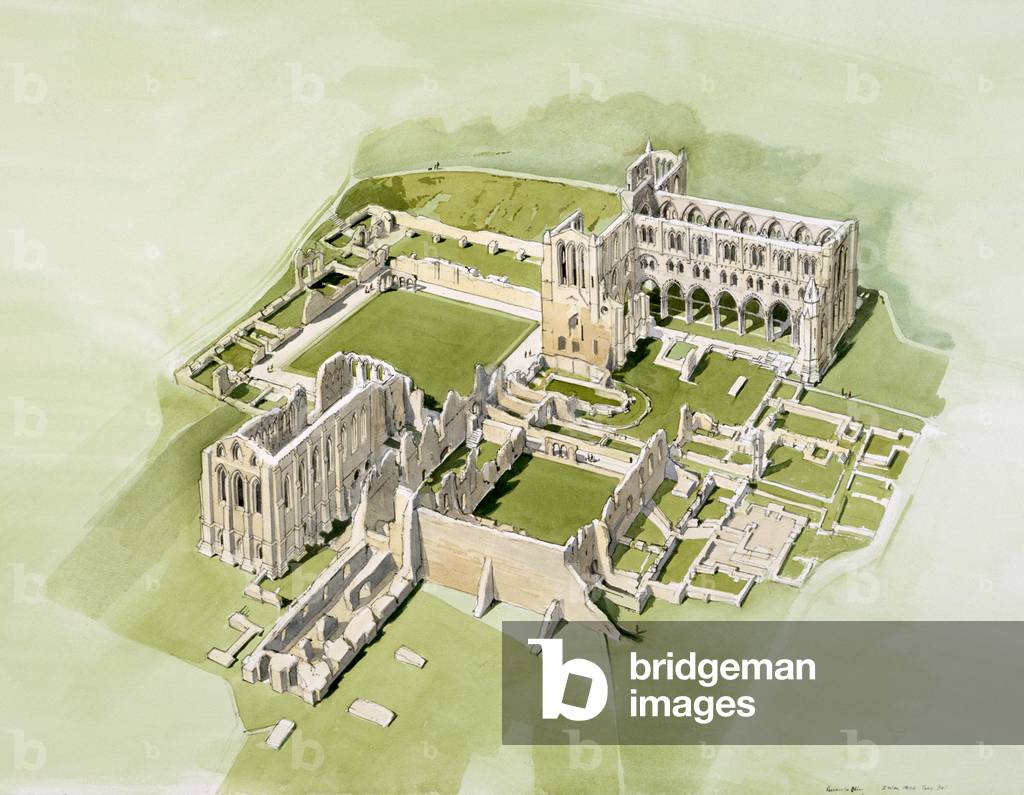 Bild von Zeichnung "Heute Luftaufnahme der Abtei Rievaulx (w/c auf Papier)", 20. Jahrhundert von Terry Ball