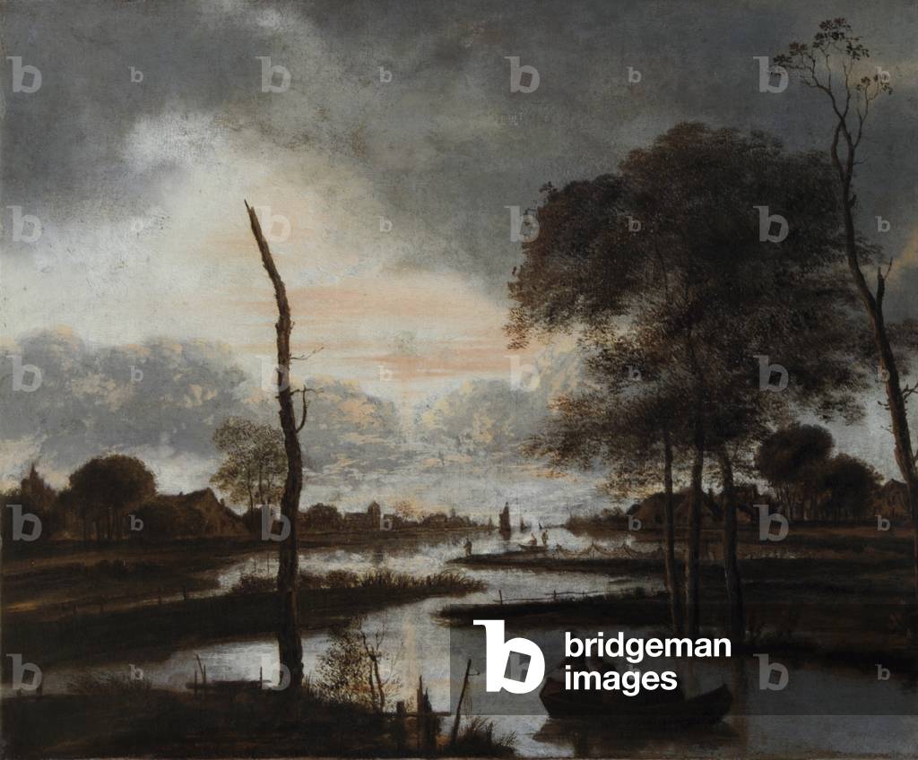 Blick auf den Fluss: Abend (Öl auf Leinwand)