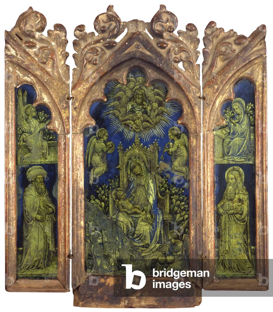 Tryptic, by Unknown Artist, 15th Century, scratched glass and painted wooden frame carved and gilded