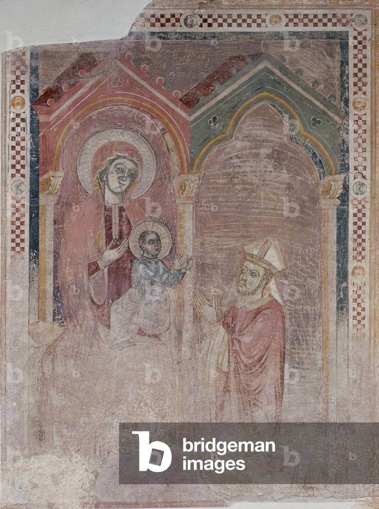 Virgin Mary with Child and worshipping Bishop (Madonna con Bambino e vescovo offerente), by Lombard painter, 1280-1320, 13th-14th Century, fresco