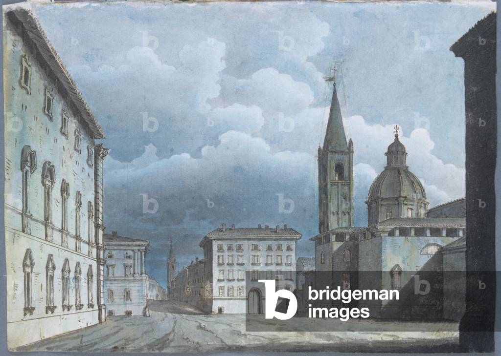 View from the Current Oderlaffi Square in Forlì, by Romolo Liverani, 19th century, ink and watercolour on lihgt-blue squared paper