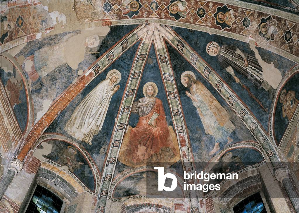 Christ among Virgin Mary, Saint John the Baptist and Saints Fermo and Rustico, by Master of the Redeemer, 14th Century, fresco