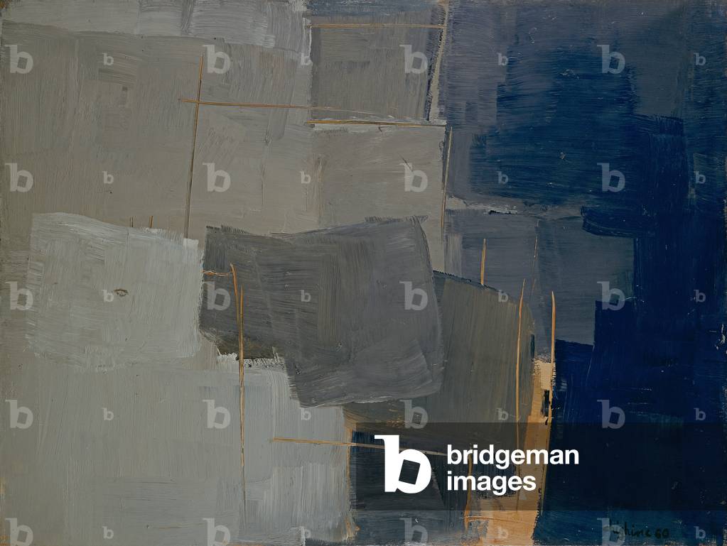 Grey and Blue Composition (Composizione grigio e blu), by Alfredo Chighine, 1960, 20th Century, oil on canvas