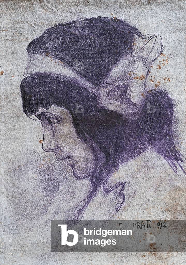 Female Profile with a Ribbon in Her Hair, 1912 (crayon on paper)