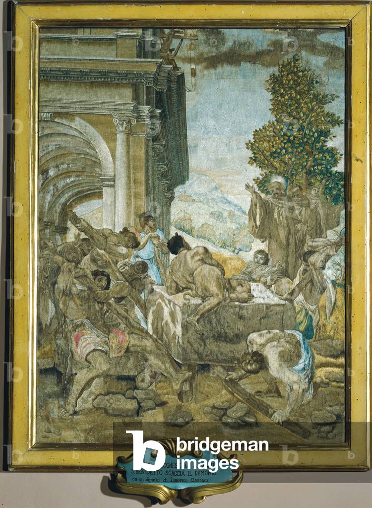Embroidery with Saint Benedict chasing the devil (Ricamo con San Benedetto che caccia il demonio), by Bolognese manufactury, 17th Century, Embroidered silk, polychrome silks