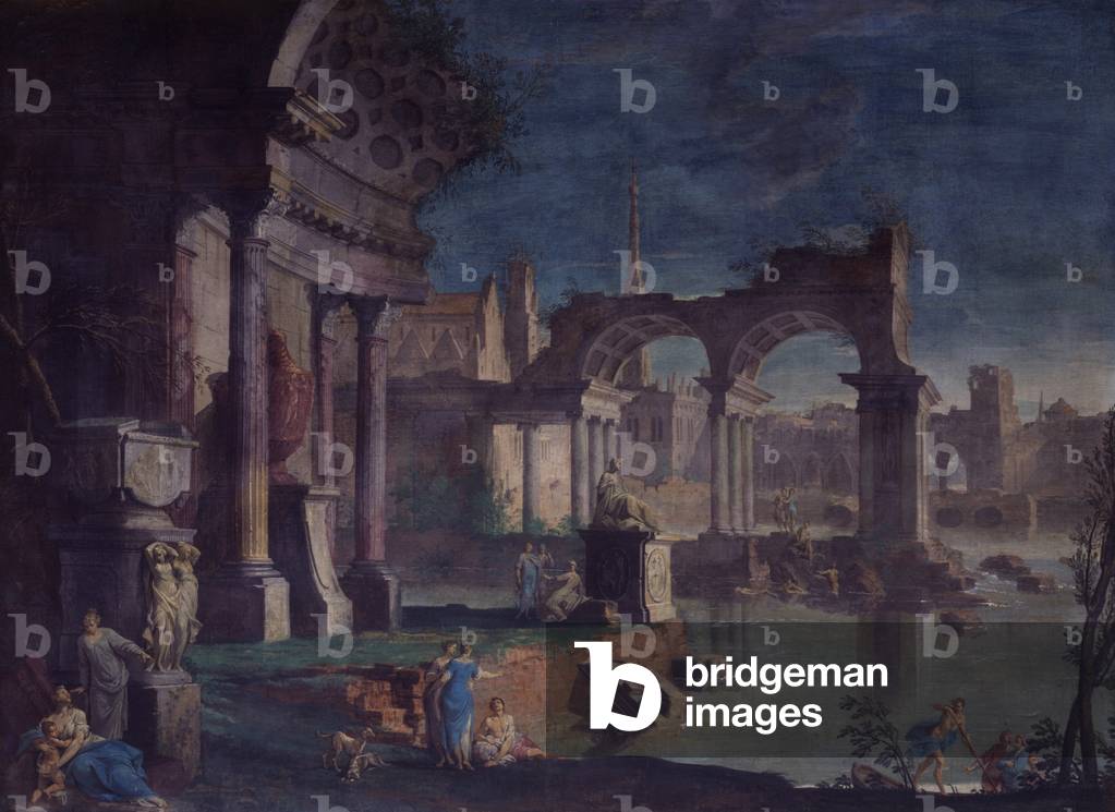 View of Ruins with Statue of an Emperor (Veduta di rovine con statua di imperatore), by Vittorio Maria Bigari, 18th Century, oil on canvas