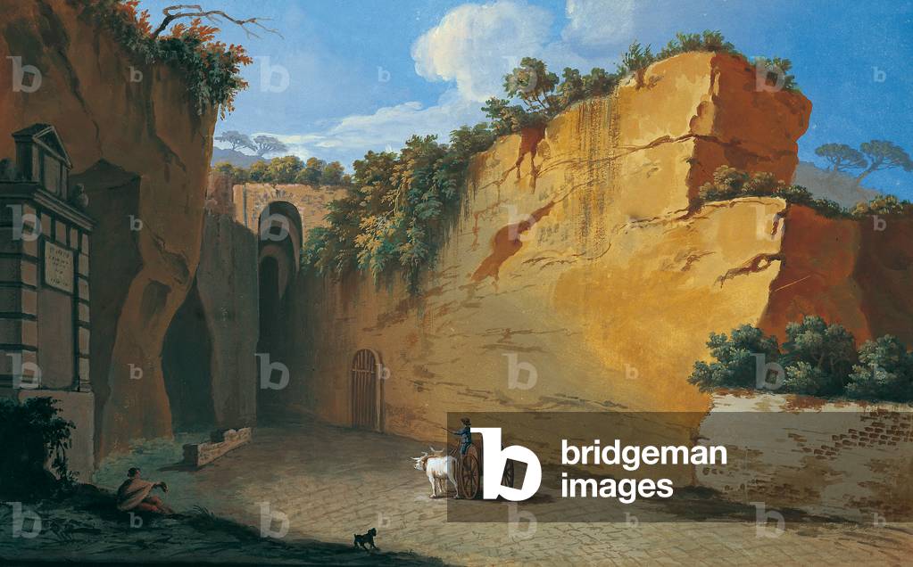 Grotto in Posillipo with the Commemorative Stone of Ferdinand IV (Grotta di Posillipo con la lapide di Ferdinando IV), by unknown artist, 18th century (gouache on parchment)