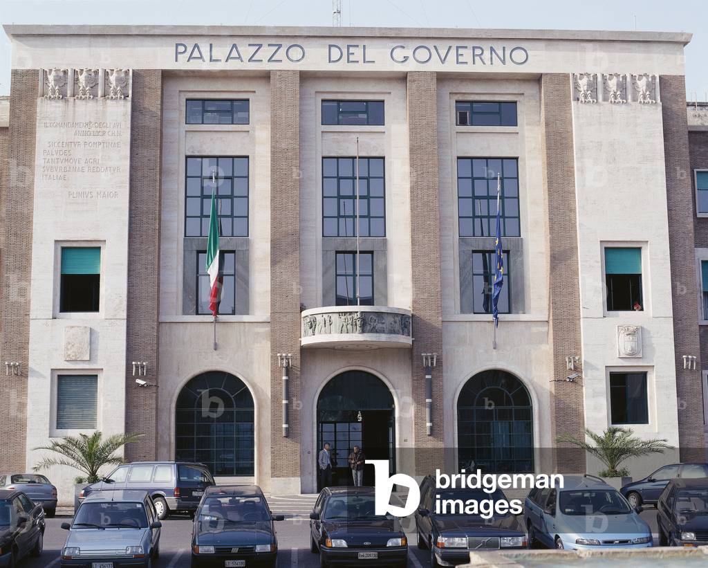 Prefecture Palace of Latina (Palazzo della Prefettura di Latina), sketch by Oriolo Frezzotti, 1934, 20th Century, travertine and bricks