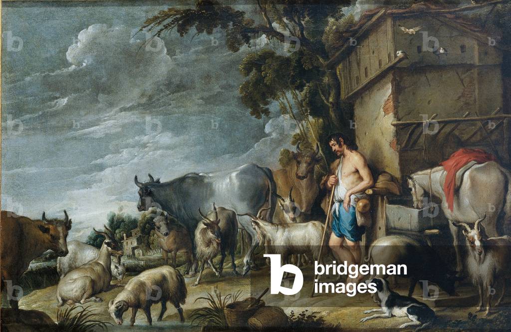 Stories of the Prodigal Son - The guard of pigs, by Cornelis de Wael, 17th Century, oil on canvas, 57 x 86 cm