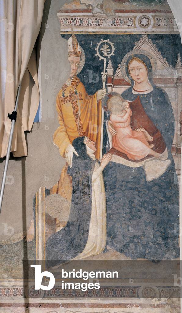 Madonna entrhoned and Child, with Saint bishop and devoted nun, (fresco)