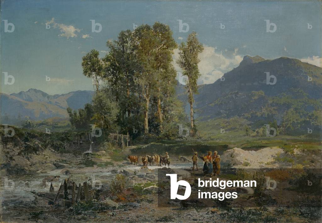 Landscape with herd and peasants (Paesaggio con mandria e contadini), by Ambrogio Preda, 19th Century, oil on canvas