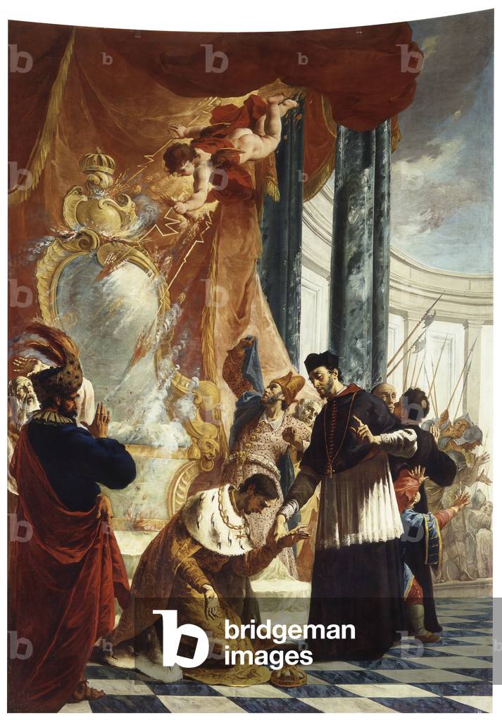 Emperor Valentinian bows before the bishop of Tours, by Francesco Capella, 18th Century, canvas