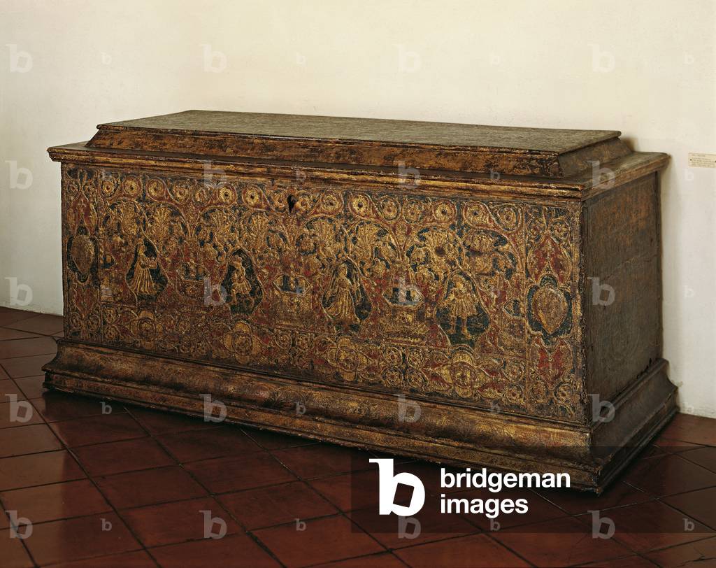 Cassone (Cassone), by tuscan manufacture, 1450, 15th Century, wood, gilded and painted pastiglia