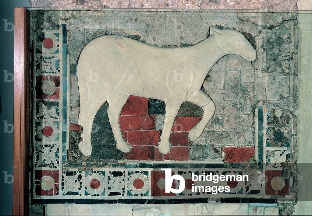 Parapet of the presbyterian fence with lamb and marble and glassy tarsia, (marble tarsias)