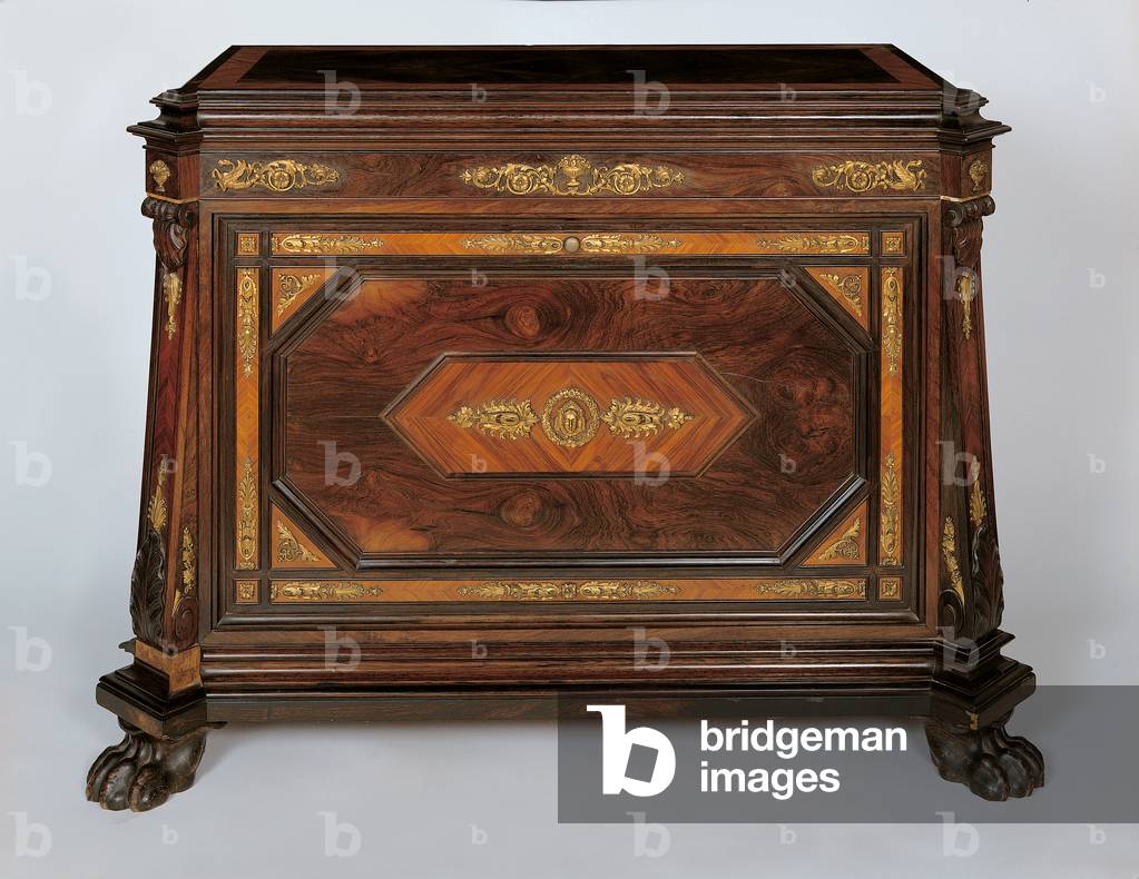 Woodbox Piece of Furniture, by Lombard Manufacture, 1853, 19th Century, wood veneered with mahogany, 81 x 111 x 53 cm