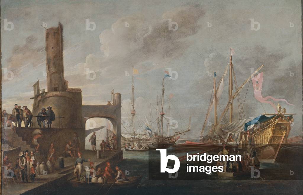 A galley and two Dutch vessels in a port, by Cornelis de Wael and Andries Van Eertvelt, 17th Century, oil on canvas
