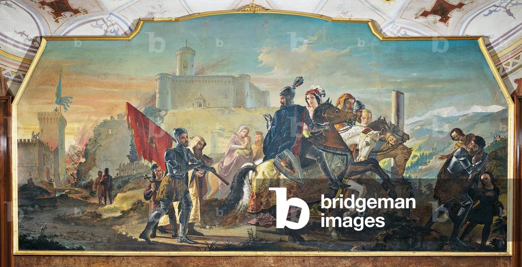 Flight of Ludovico of San Bonifacio after the destruction of Castello della Motta by Ezzelino Romano (Fuga di Ludovico da San Bonifacio dopo la distruzione del castello della Motta a opera di Ezzelino da Romano), by Rocco Pittaco, 1872, 19th Century, fresco