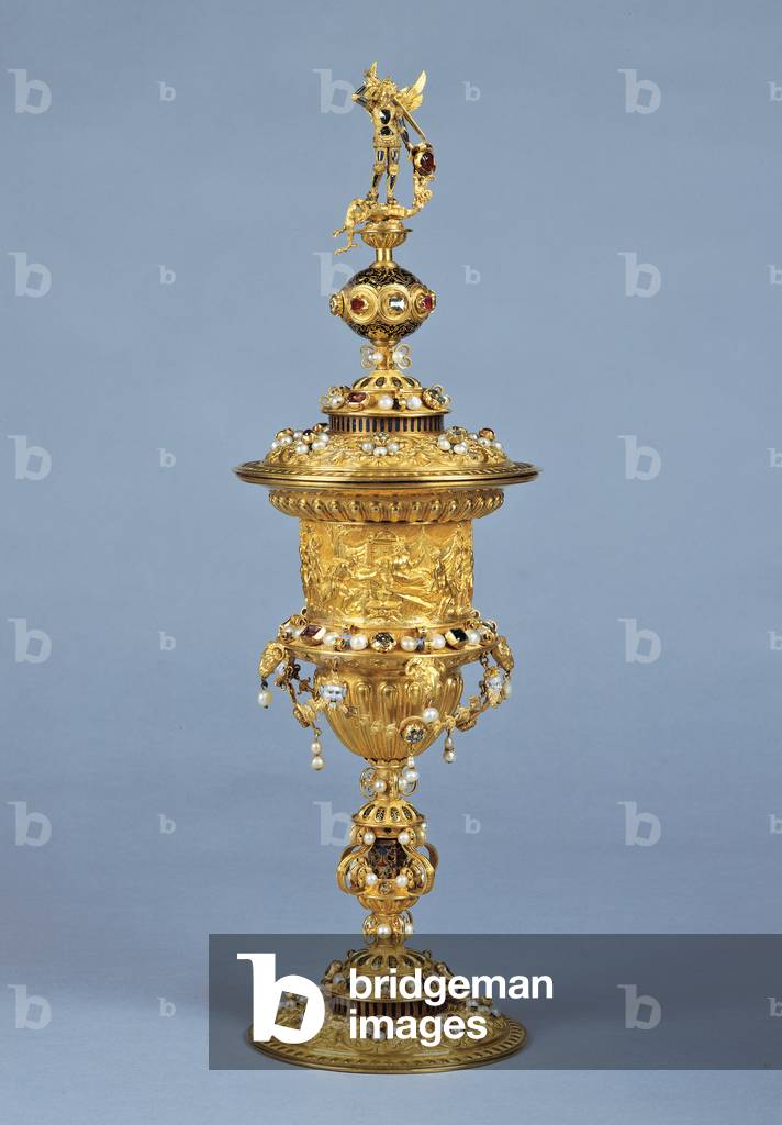 Mug of Saint Michael, 1530 - 1540, 16th Century, partly enamelled gold, diamonds, emeralds, rubies, pearls, 52 cm