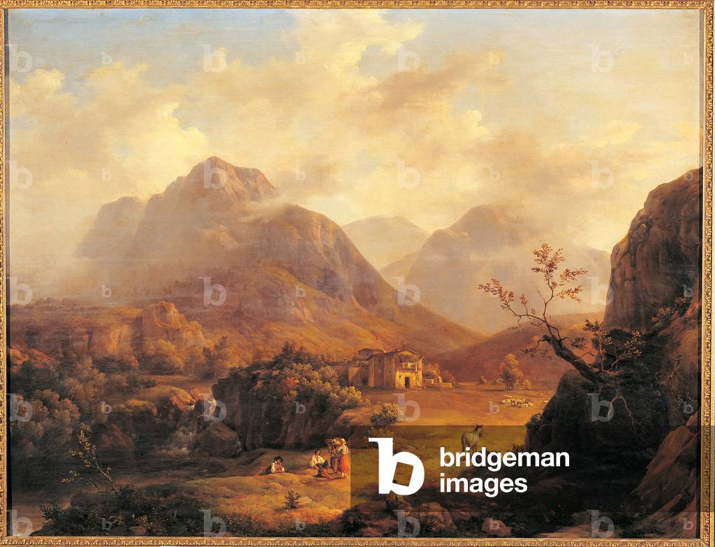 Landscape with characters in the foreground, a crag and foggy, misty mountains, 1845 (oil on canvas)