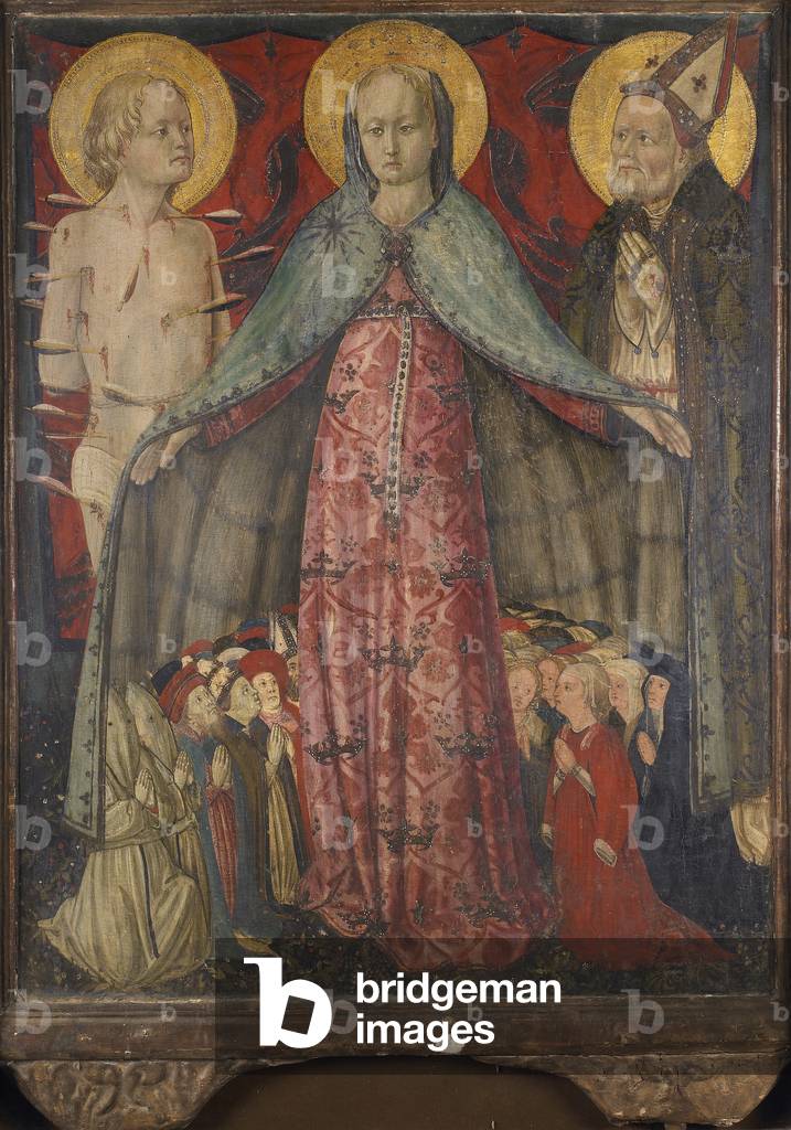 Processional Standard: Virgin of Mercy between Saint Sebastian and a Saint Bishop (Madonna della Misericordia tra San Sebastiano e un Santo Vescovo - recto), by Antonio da Fabriano, 1470 - 1475, 15th Century, tempera on wood, 97 x 75 cm