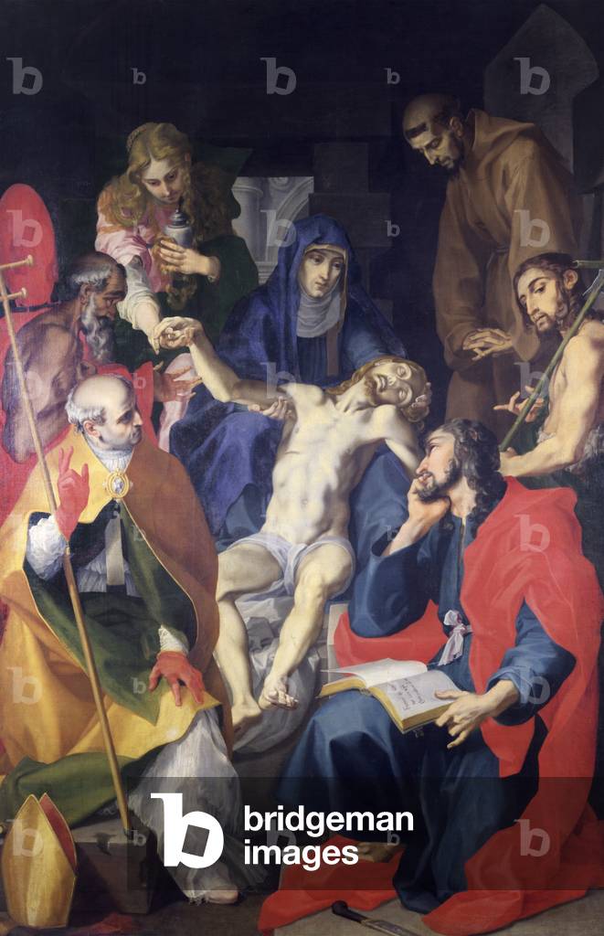 Pietà with Saints Pier Grisologo, Jerome, Mary Magdalene, John the Baptist and Bartholomew, by Andrea Lilli, first half of the 17th Century, oil on canvas
