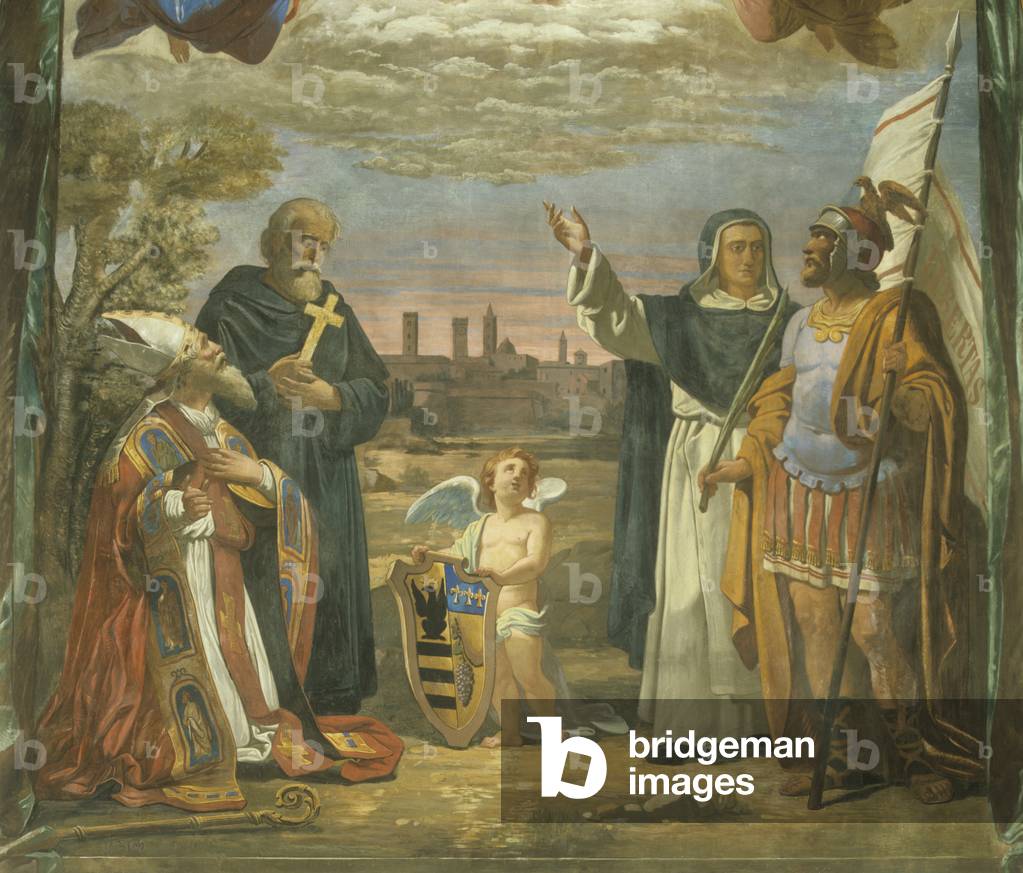 View of the city of Forlì and the saints Mercurial, Pilgrim, and Valerian Marcolino, 1869 (oil on canvas)