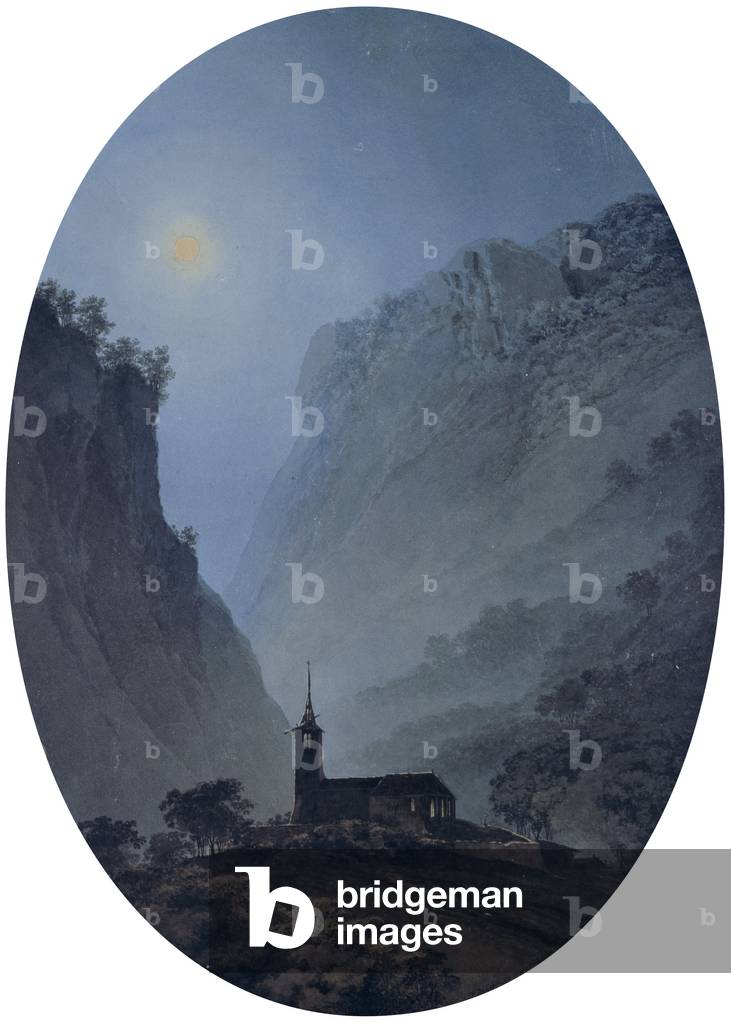 Oval with little church and steeple (Ovale con chiesetta e campanile a guglia), by Giovan Battista de Gubernatis, 1820, 19th Century, watercolor on paper, 53 x 30 cm
