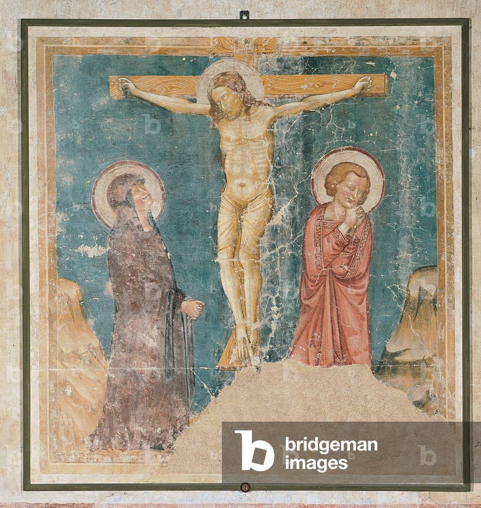 Crucifixion with the Virgin and Saint John (Crocifissione con la Madonna e San Giovanni), by Venetian artist influenced by Bolognese art, 14th Century, fresco