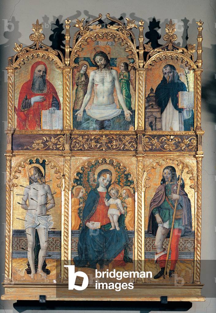 Madonna and Child Enthroned with Sts Sebastian and Roch; Christ in Pietà with Angels between Sts Jerome and Anthony of Padua, (tempera on panel)