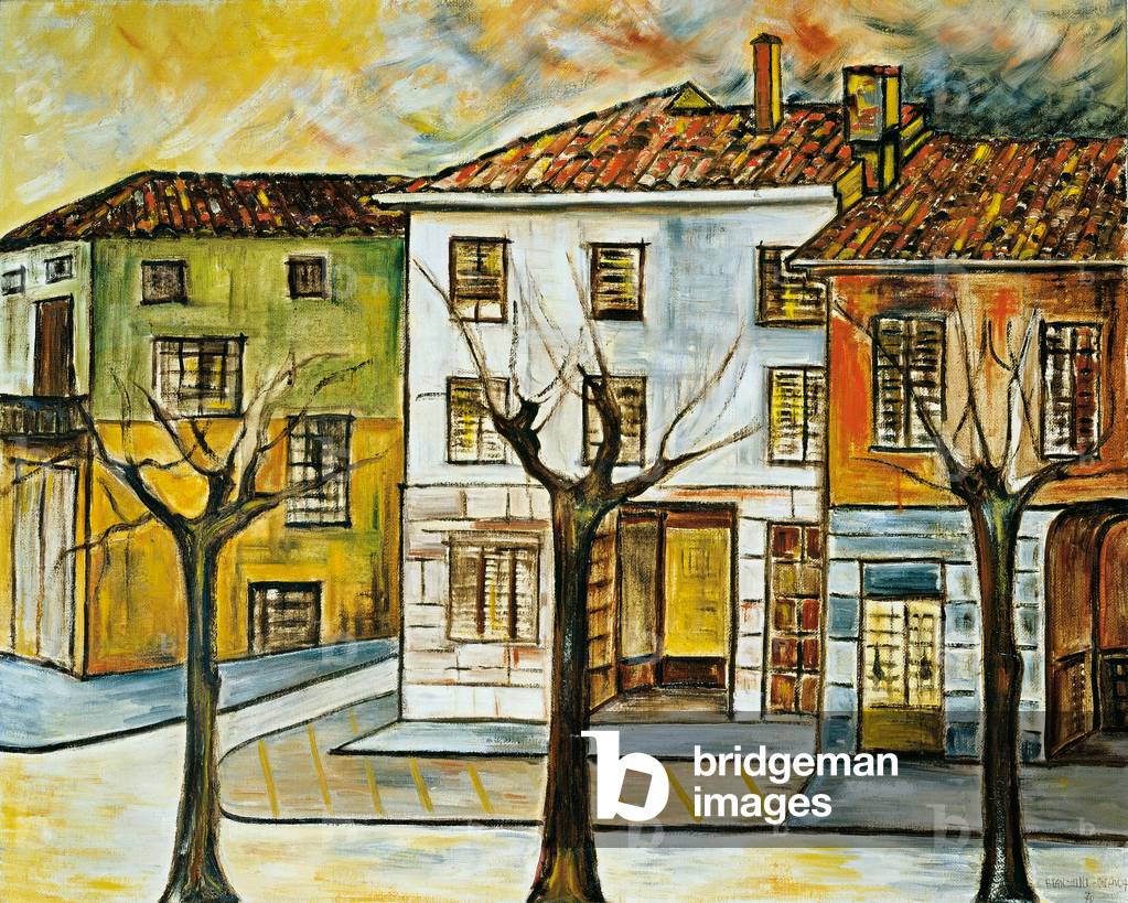 Houses and bare trees, 1970 (oil on canvas)