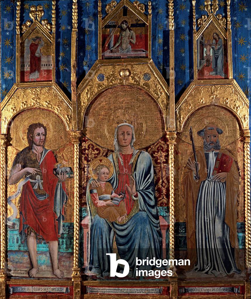 Madonna and Child, with St. John the Baptist and Peter, Imago Pietatis and Annunciation (tempera on board, gold leaf)