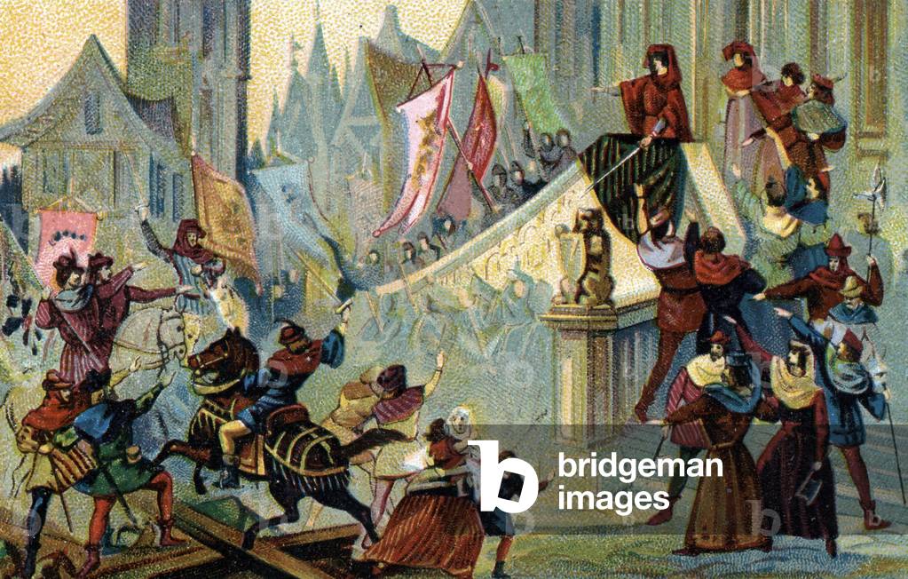 Hundred Years War, Paris siege of 1358 (jacquerie): Etienne Marcel (? -1358) rich drapier harangue Parisians during the siege of Paris on 30 November 1357 (Hundred years war: jacquerie of 1358, Etienne Marcel in Paris) Chromolithography of the end of the 19th century Private Collection