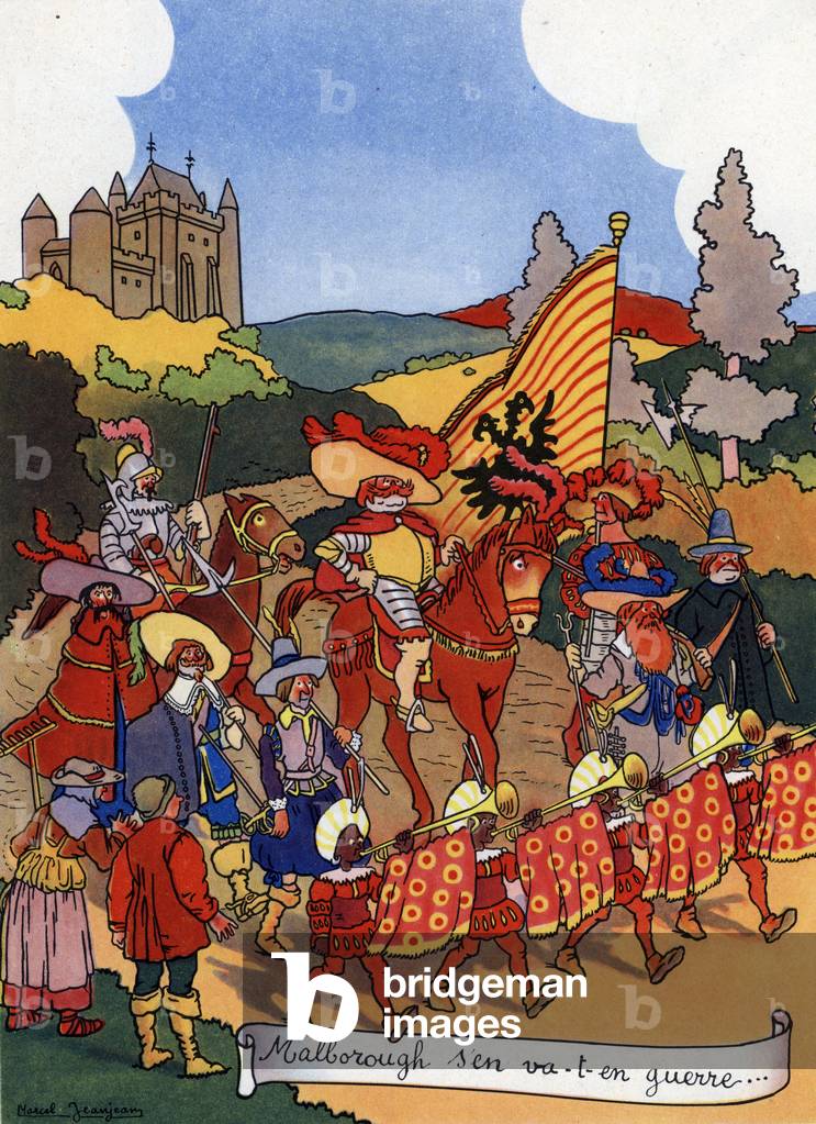 Illustration by Marcel Jeanjean (1893-1973) of the French folk song “” Malbrough s'en va-t-en guerre”” (Illustration for french nursery rhyme (folk song) “” Malbrough s'en va-t-en guerre”” featuring John Churchill, 1st Duke of Marlborough (1650-1722) 20th century Private collection