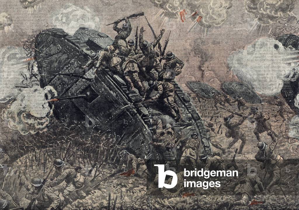 First World War: German soldiers trying to neutralize a french tank, december 1917 Illustration from “” Le pelerin”” 16/12/1917