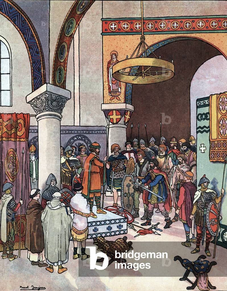 The King of France Charlemagne (742-814) (Charles I the Great) receiving the submission of the defeated peoples in his palace at Aachen 790 ca. (The conquered tribes in front of king of France Charlemagne in his palace of Aachen 790 ca) Drawing by Marcel Jeanjean (1893-1973) draws from “” Les beaux episodes de la histoire de France”” 1922 Collection privee
