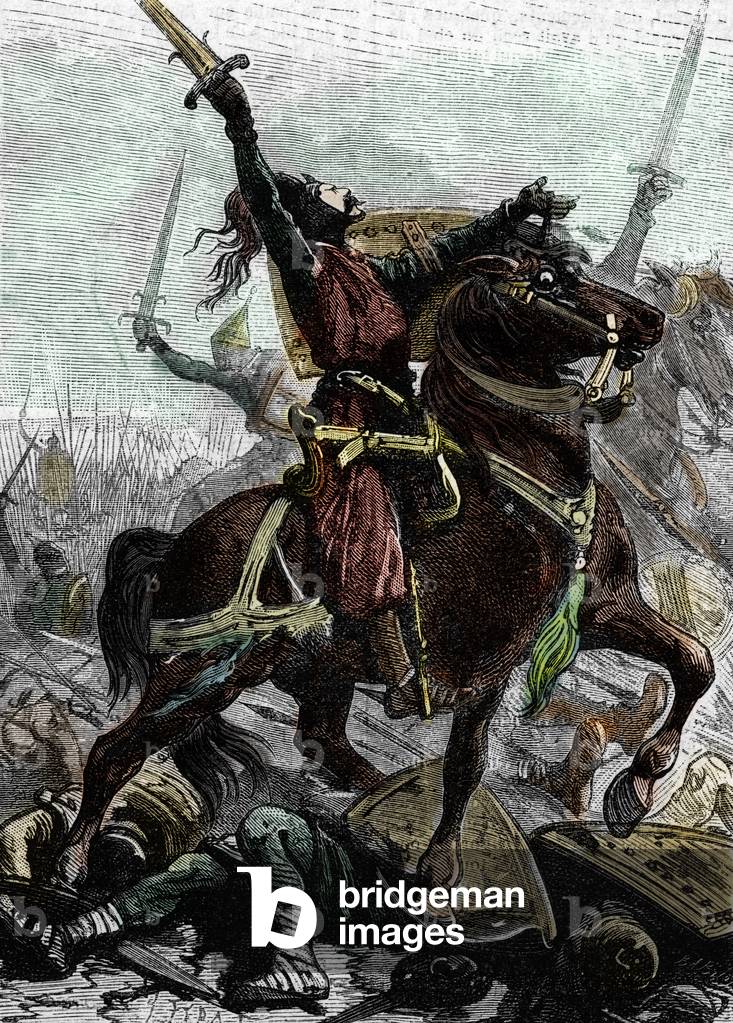 Clovis I (466-511) King of the Franks invoking Jesus Christ. 19th century, (engraving).