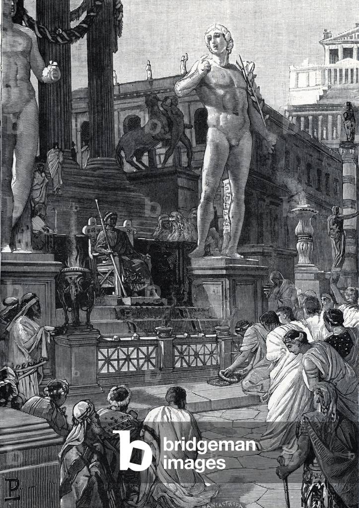 Ancient Rome: Emperor Caligula (12-41) truncating between the statues of Castor and Polux in 37 AD (novel emperor Caligula) Engraving from “Storia di Roma” by Francesco Bertolini