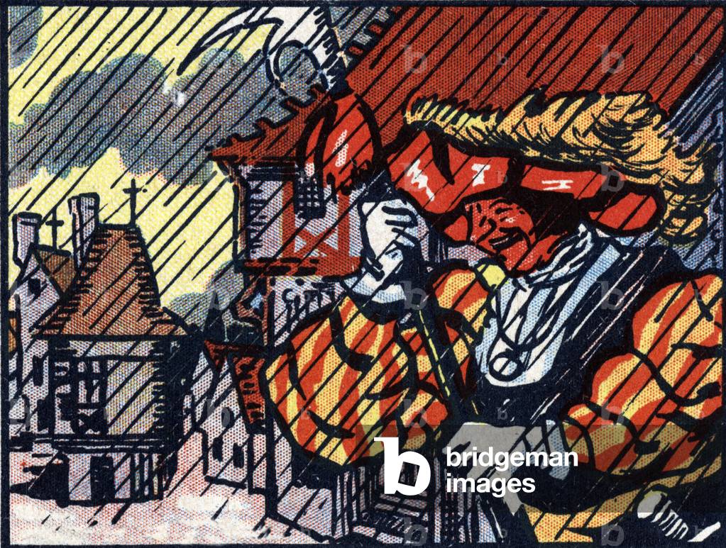 French word: raining halberds (spears from the 15th to the 17th century) (it's raining buckets) Chromolithography from the end of the 19th century Private collection