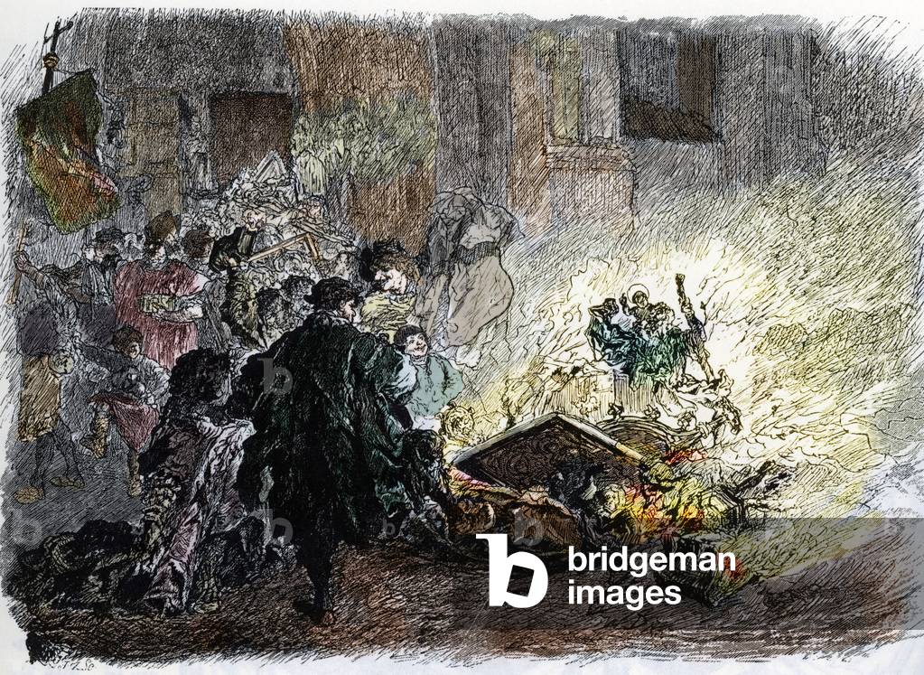 Iconoclastic Fury, Bildersturm, iconoclastic, outbreaks of destruction of religious images that occurred in Europe in the 16th century, Catholic art and many forms of church fittings and decoration were destroyed in unofficial or mob actions by nominally Calvinist Protestant crowds as part of the Protestant Reformation, 1566) Engraving from “Germania” by Johannes Scherr 1880 Collection privee