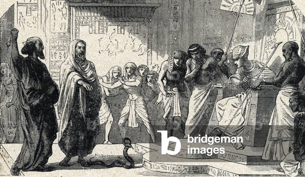 Aaron's Staff Becomes a Snake. 19th century (engraving from 'Holy History' by Lahure)