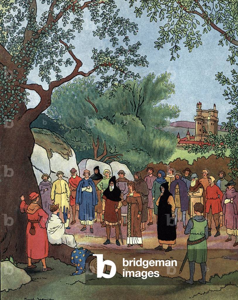 Louis IX, dit Saint Louis” (1214-1270) renders justice under an oak in Vincennes Drawing by Marcel Jeanjean (1893-1973) draws from “” Les beaux episodes de la histoire de France” 1922 Collection privee