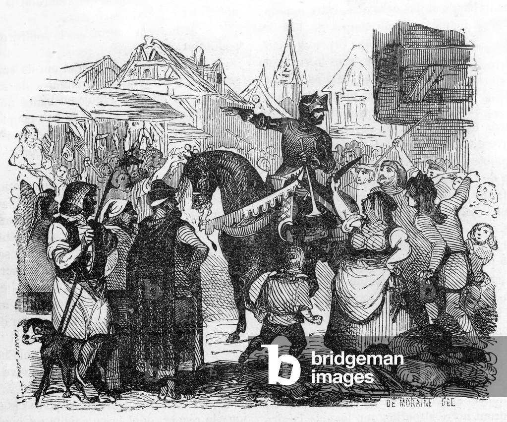 Announcement of a new tax in 1382 under the reign of Charles VI, the population tired of tax oppression rose (revolts of the maillotins or the harelle, scene of popular lifting on the Place de l'Hotel de Ville in Paris on 1/03/1382) (Announcement of a new tax in France, 1382 during the reign of Charles VI, who will cause popular revolts in Paris (Maillotins Revolt), bloody days in Paris in march 1382) Engraving from Les rues-de-paris”” by Pierre Zaccone, 1859