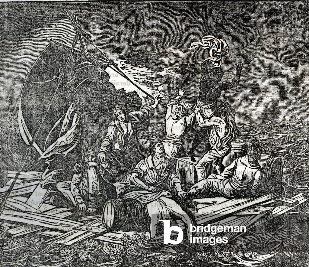 The shipwrecks of the raft of the French frigate Meduse 2nd july 1816 off the coast of Mauritania) Engraving from “” La mosaique” 1843 Collection privee